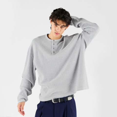 Winter 2 / Essentials Waffle Henley Longsleeve - Heather Grey