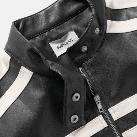 Suspicious Cowboys / Faux Leather W Racer Jacket - Black & Egret