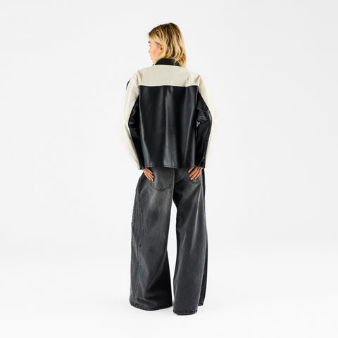 Suspicious Cowboys / Faux Leather W Racer Jacket - Black & Egret