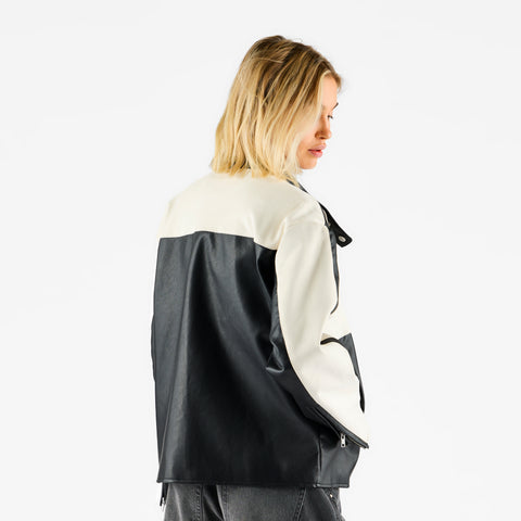 Suspicious Cowboys / Faux Leather W Racer Jacket - Black & Egret