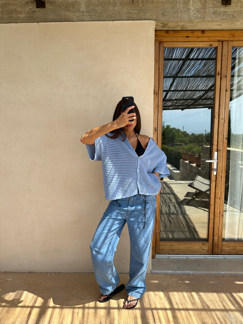 C&L / Essentials Crochet Shortsleeve Shirt - Coral Blue