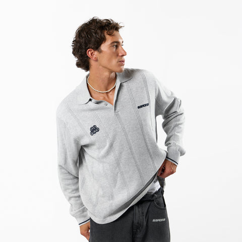 Fall / Offset Longsleeve Cotton Polo - Neutral Heather