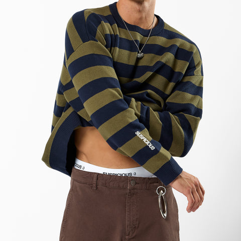 Fall / Striped Cotton Knit - Dark Navy & Olive Green