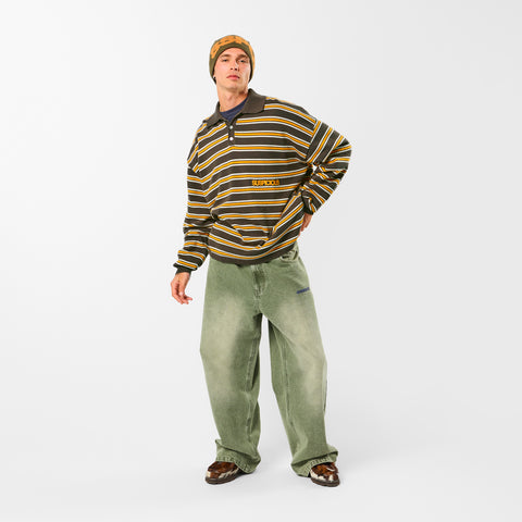 Softground / Striped Cotton Knitted Polo - Dark Armory & Orange