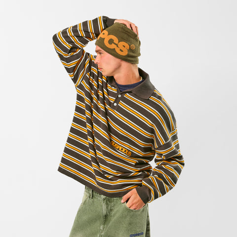 Softground / Striped Cotton Knitted Polo - Dark Armory & Orange