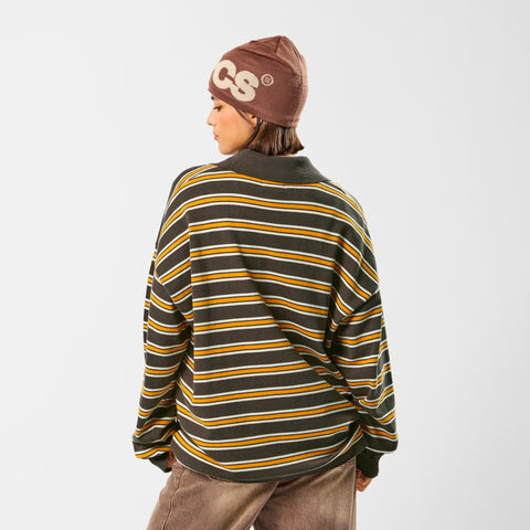 Softground / Striped Cotton Knitted Polo - Dark Armory & Orange