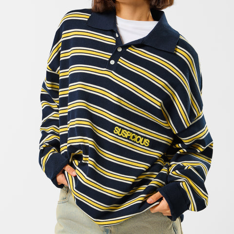 Softground / Striped Cotton Knitted Polo - Nightfall & Yellow