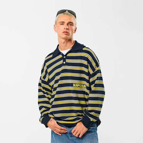 Softground / Striped Cotton Knitted Polo - Nightfall & Yellow