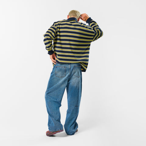 Softground / Striped Cotton Knitted Polo - Nightfall & Yellow