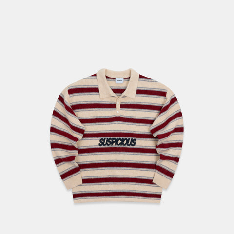 PL / Striped Knitted Longsleeve Polo - Natural & Red