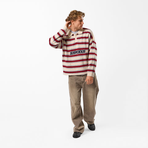 PL / Striped Knitted Longsleeve Polo - Natural & Red