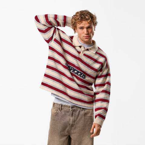 PL / Striped Knitted Longsleeve Polo - Natural & Red