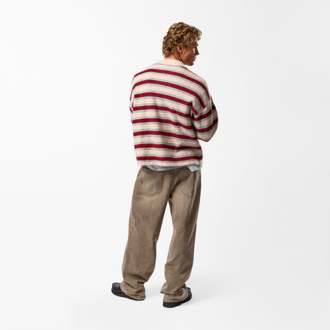 PL / Striped Knitted Longsleeve Polo - Natural & Red
