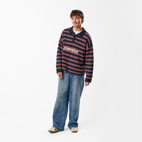 PL / Striped Knitted Longsleeve Polo - Navy & Red