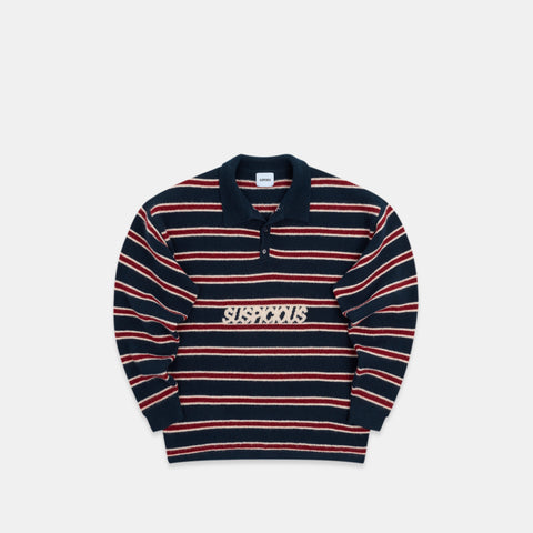 PL / Striped Knitted Longsleeve Polo - Navy & Red