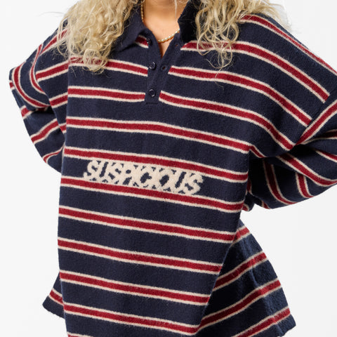 PL / Striped Knitted Longsleeve Polo - Navy & Red