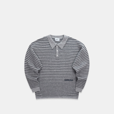 Polkaline / Striped Knitted Longsleeve Polo - Neutral Heather