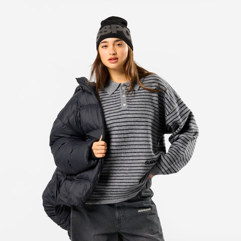 Polkaline / Striped Knitted Longsleeve Polo - Neutral Heather