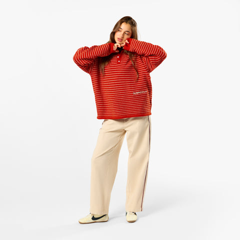 Polkaline / Striped Knitted Longsleeve Polo - Red
