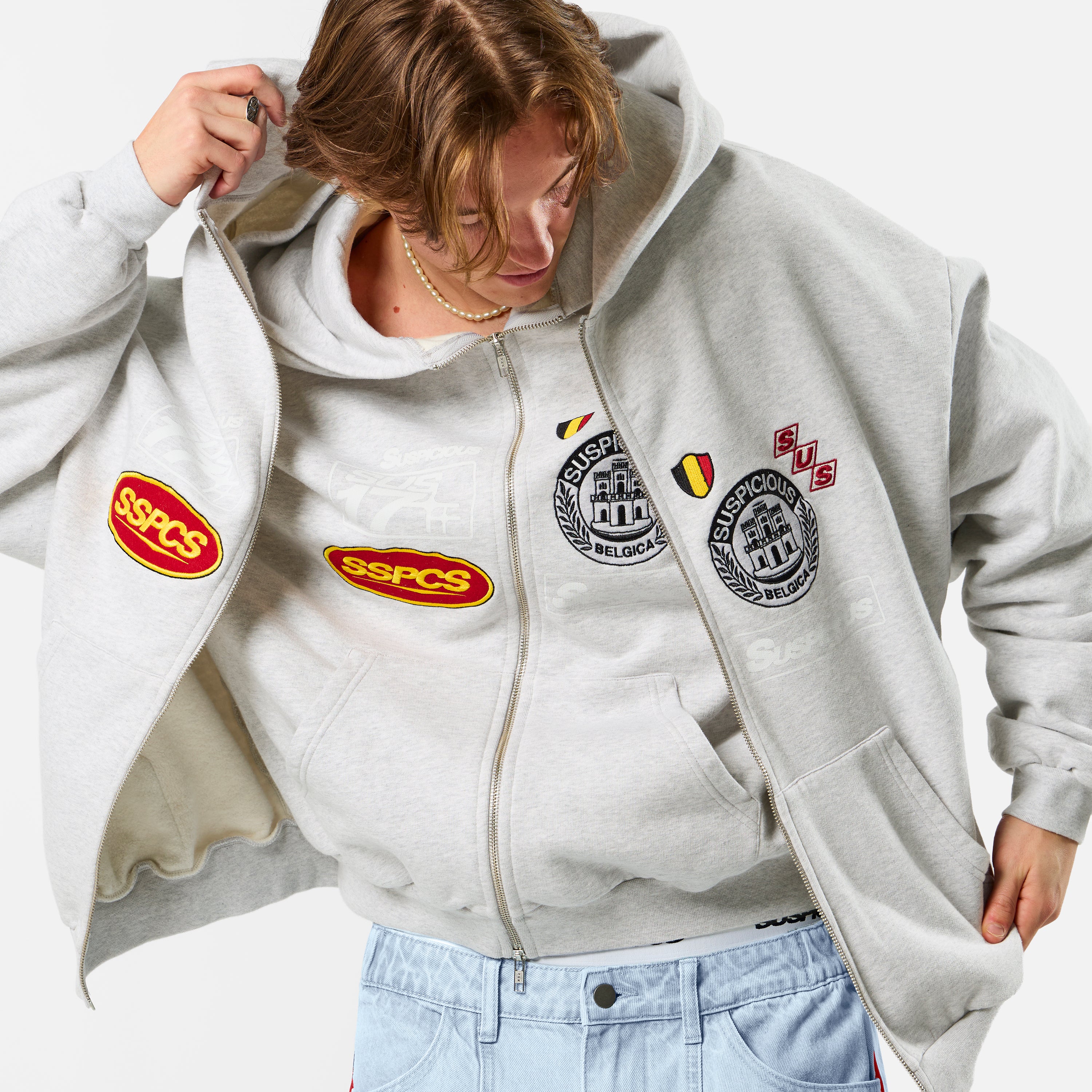 Badge Line Up Zip-Up Hoodie - Ash – Suspicious Antwerp