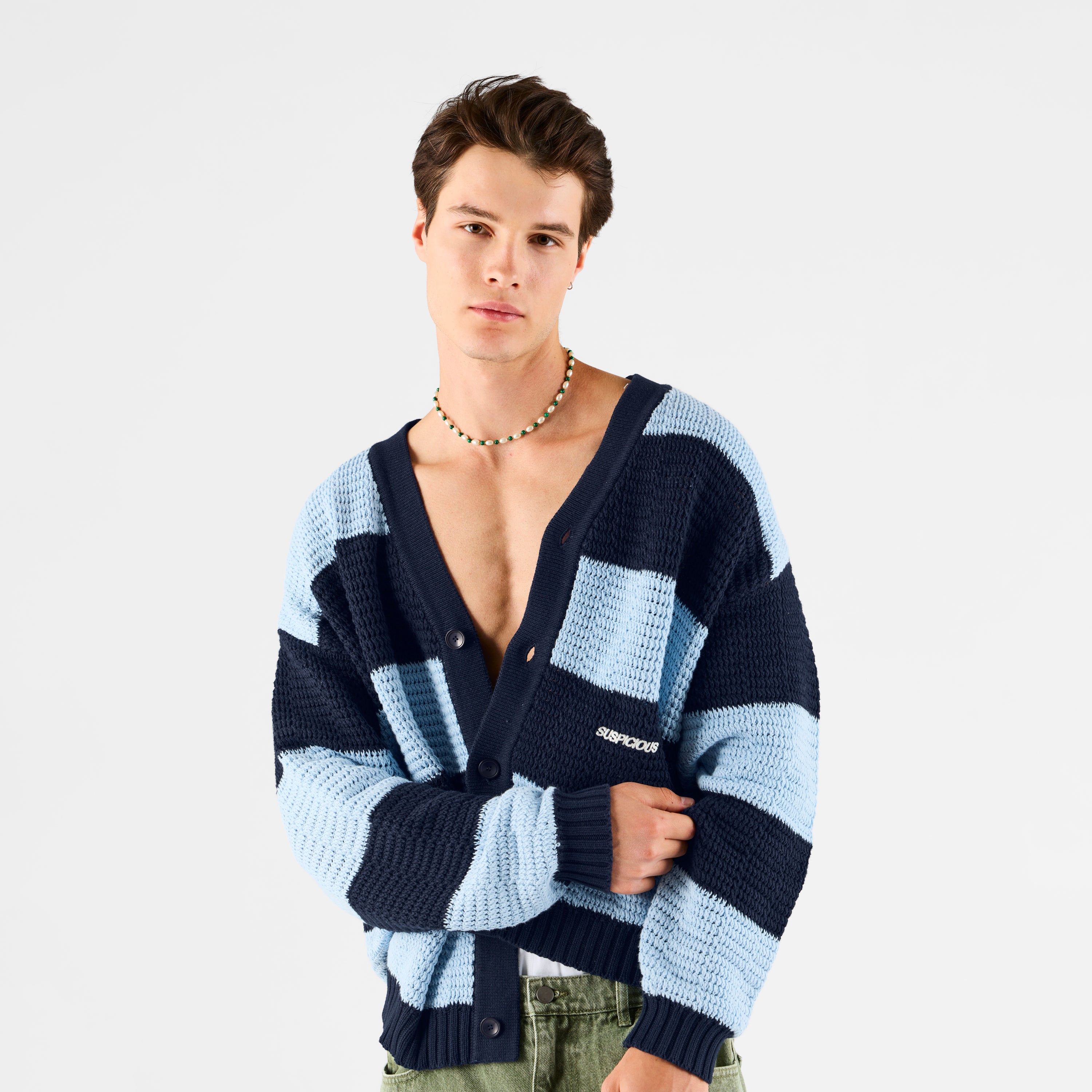 Essentials Striped Crochet Cardigan - Ice Blue & Nightfall