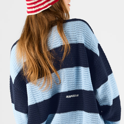 Boat / Essentials Striped Crochet Cardigan - Ice Blue & Nightfall