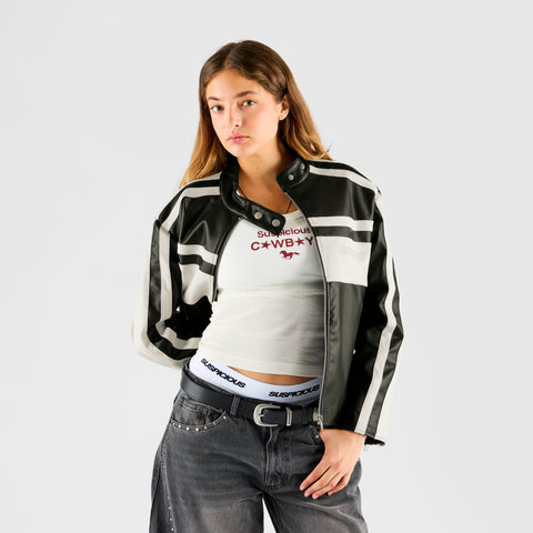 Suspicious Cowboys / Faux Leather W Racer Jacket - Black & Egret