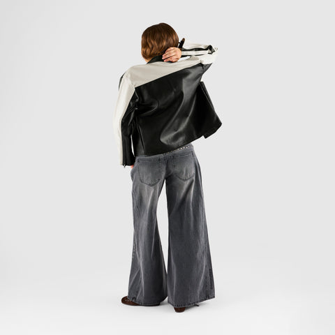 Suspicious Cowboys / Faux Leather W Racer Jacket - Black & Egret