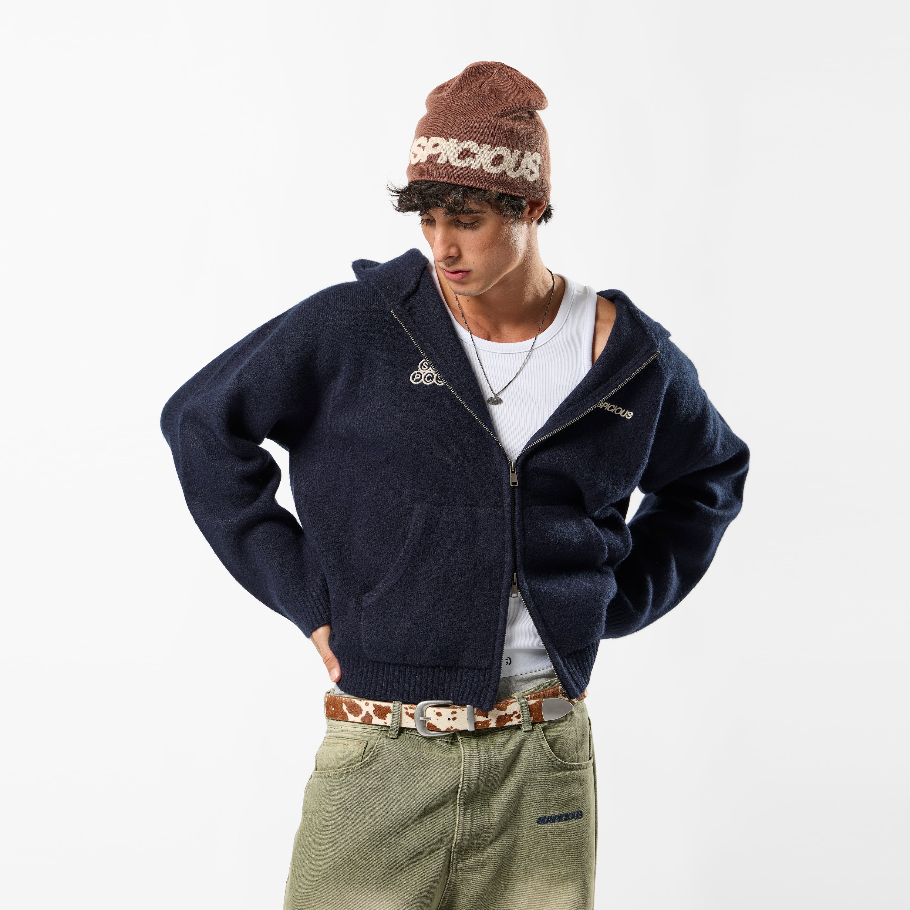 Landscape Knitted Zipped Hoodie - Navy – Suspicious Antwerp