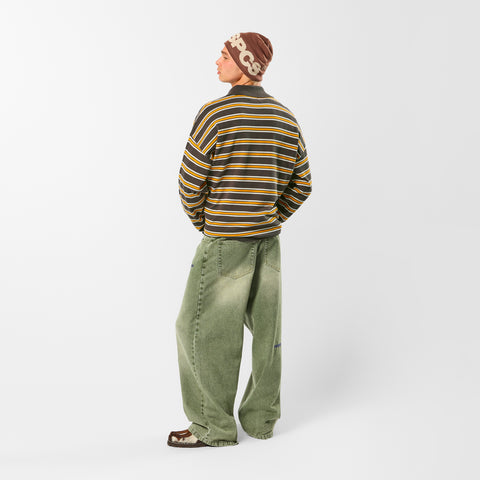 Softground / Striped Cotton Knitted Polo - Dark Armory & Orange