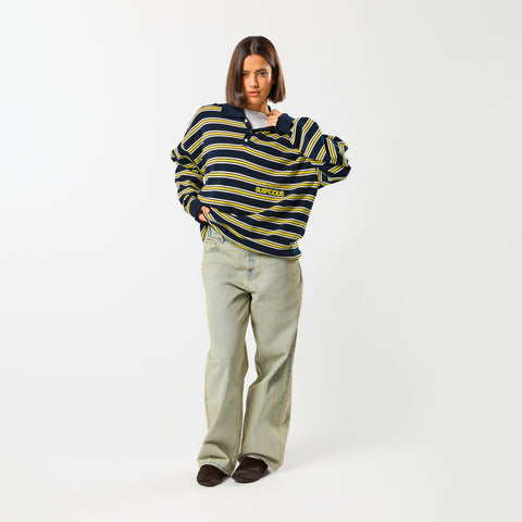 Softground / Striped Cotton Knitted Polo - Nightfall & Yellow