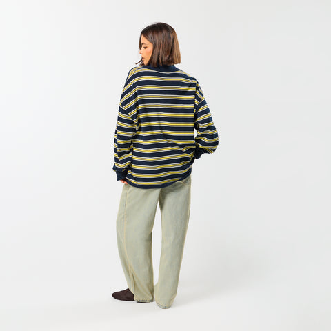 Softground / Striped Cotton Knitted Polo - Nightfall & Yellow