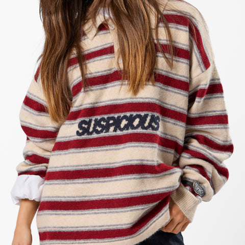 PL / Striped Knitted Longsleeve Polo - Natural & Red