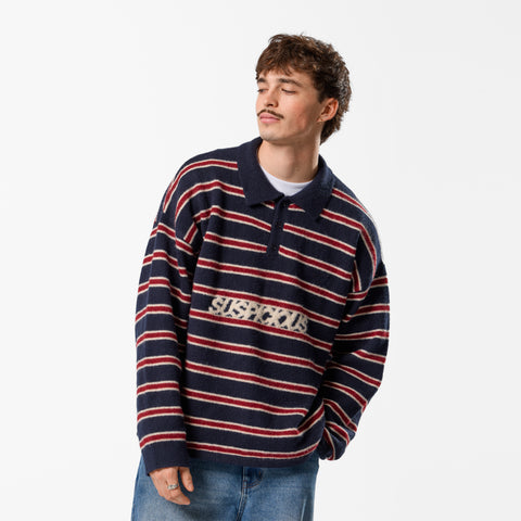 PL / Striped Knitted Longsleeve Polo - Navy & Red