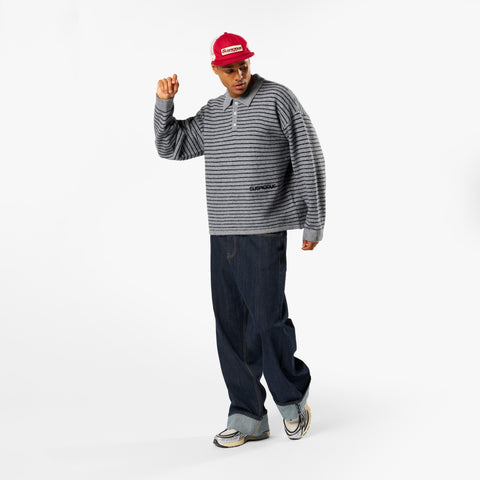 Polkaline / Striped Knitted Longsleeve Polo - Neutral Heather