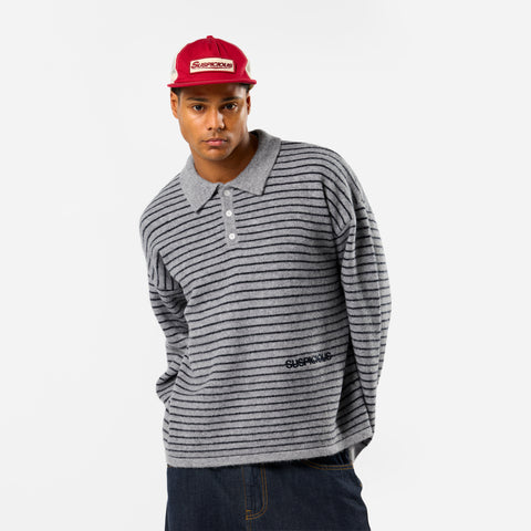 Polkaline / Striped Knitted Longsleeve Polo - Neutral Heather