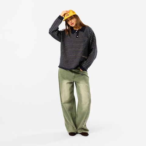 Polkaline / Striped Knitted Longsleeve Polo - Nightfall