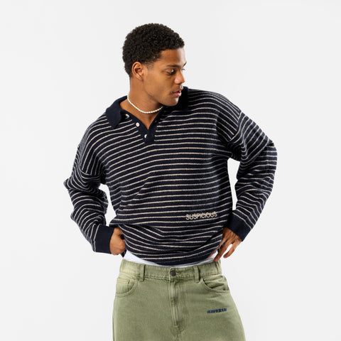 Polkaline / Striped Knitted Longsleeve Polo - Nightfall