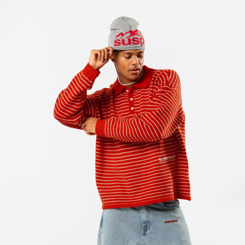 Polkaline / Striped Knitted Longsleeve Polo - Red