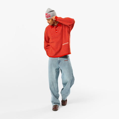 Polkaline / Striped Knitted Longsleeve Polo - Red