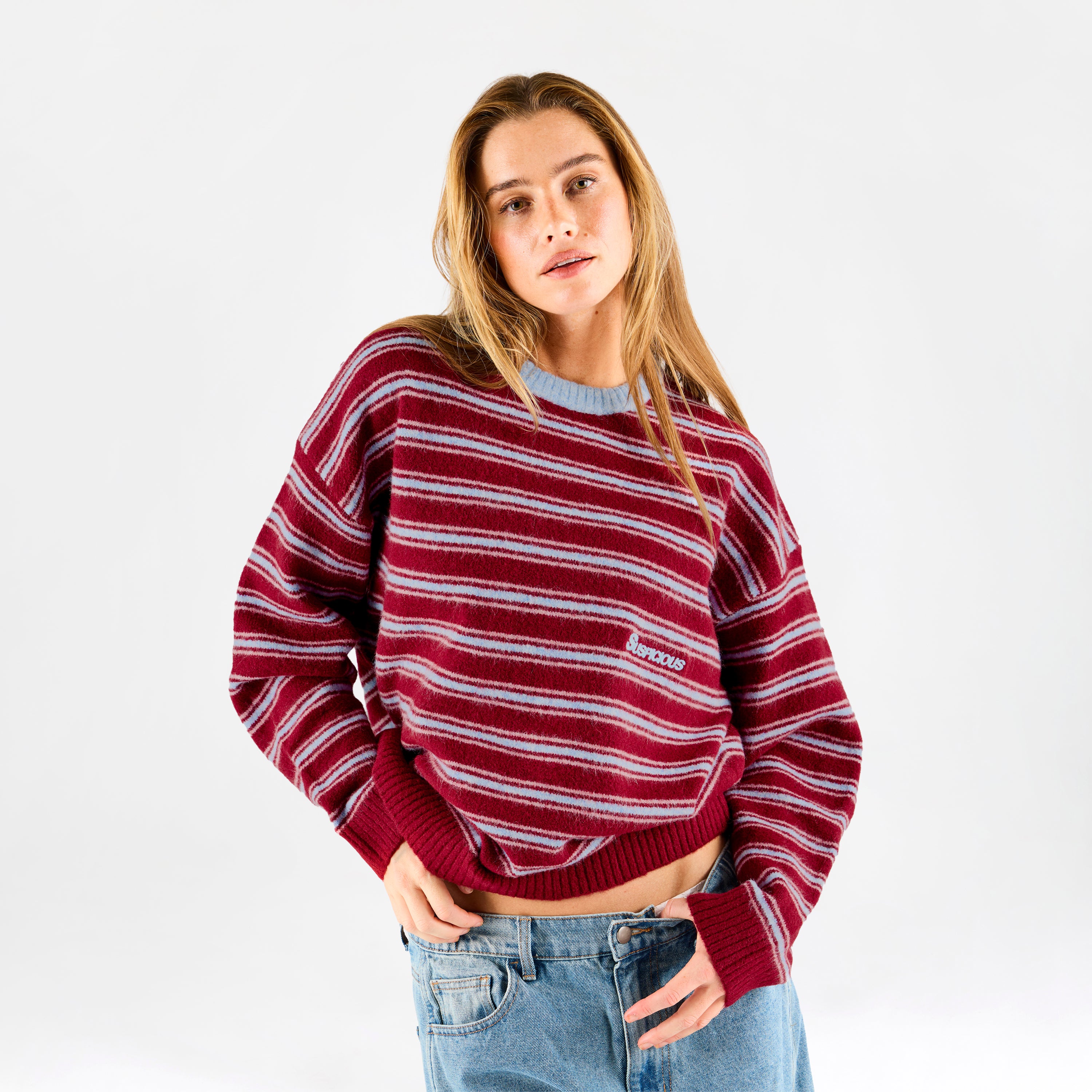 unknown 00’s red distressed stripe knit Striped Knitted Sweat - Red & Blue – Suspicious Antwerp